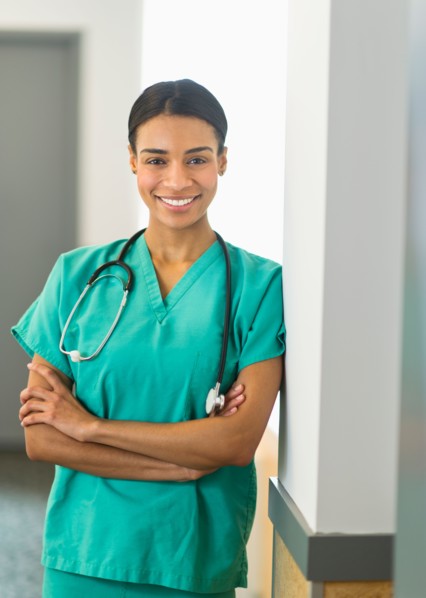 Portrait of female nurse in hospital.