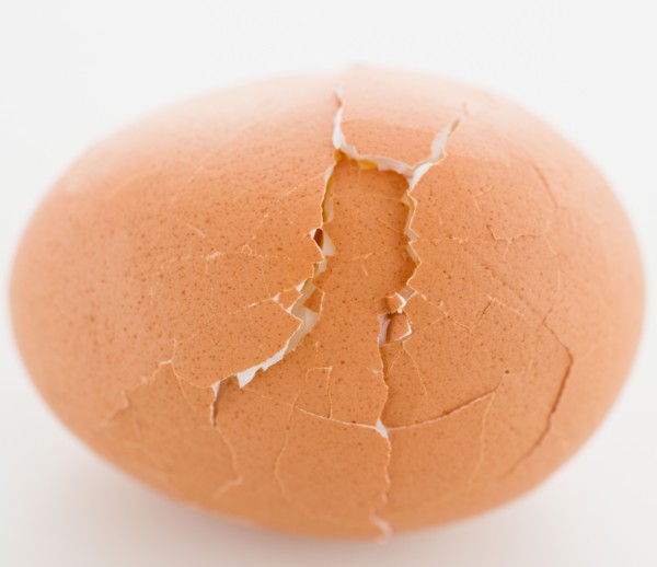 Close up of egg with cracked shell, studio shot. Photo : Jamie Grill