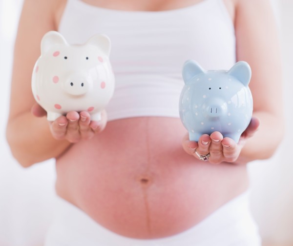 Pregnant woman holding two piggybanks. Photo : Daniel Grill