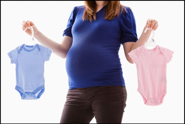 Studio Shot of mid section of pregnant woman holing baby onesie. Photo : Mike Kemp