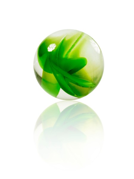 Studio shot of green marbles arranged in Exclamation Point. Photo : David Arky