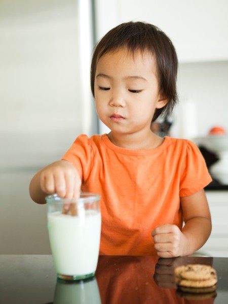 Girl dipping cookie into milk glass (2-3). Photo : Jessica Peterson
