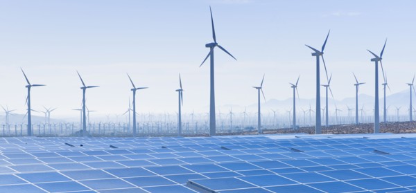 USA, California, Palm Springs, Wind farm and solar panels.