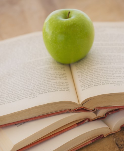 Close up of apple on open books, studio shot. 
Photo: Daniel Grill