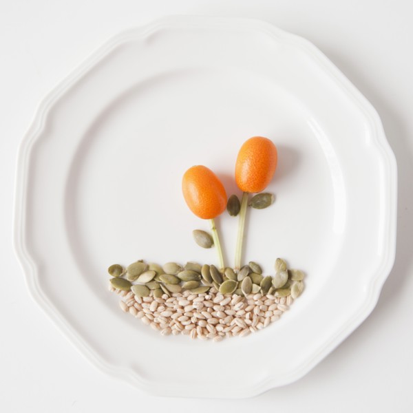Landscape on plate made out of food, studio shot. 
Photo : Jessica Peterson