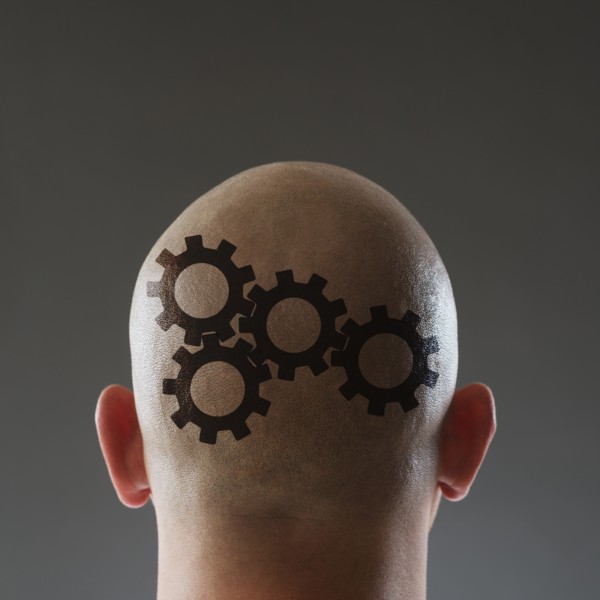 Studio shot of man's shaved head.
