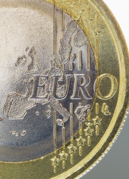 Close-up view of Euro coin.