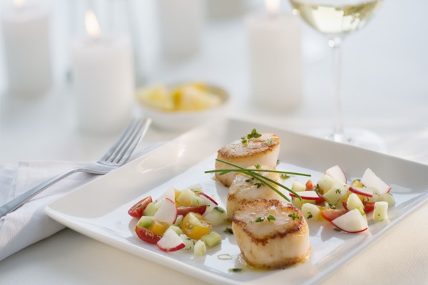 Seafood on plate in restaurant.