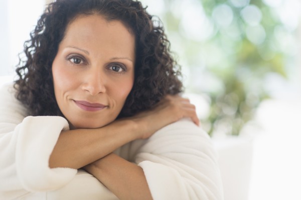 Portrait of woman wearing bath robe.