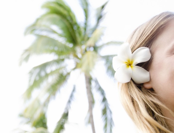 Woman wearing plumeria flower in hair. Photo : Jamie Grill