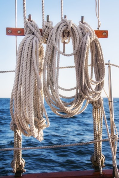 Coiled ropes on yacht deck. Photo: Daniel Grill