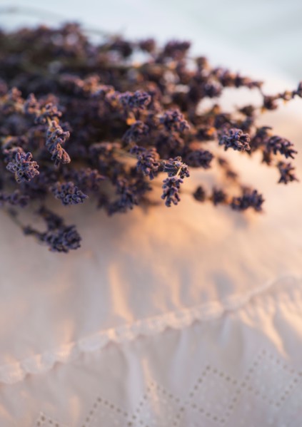 Close up of lavender bundle lying on embroidered pillow