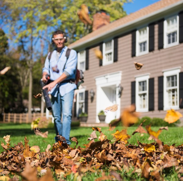 Man using leaf blower in front yard