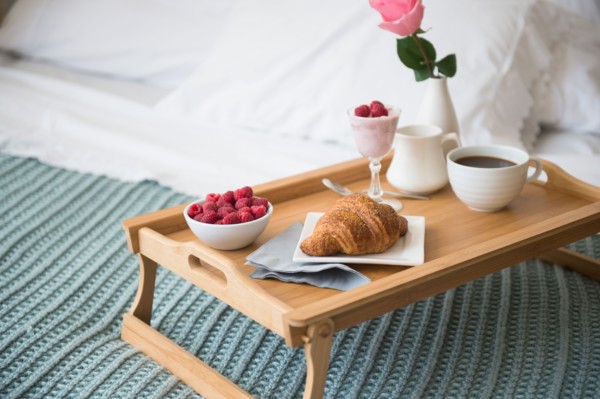 Breakfast plate on bed