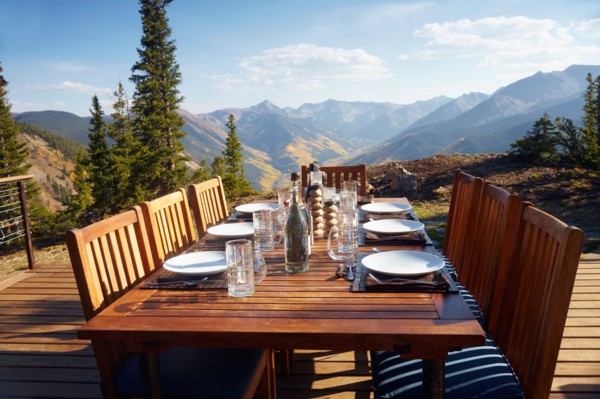 Outdoor table and chairs on wooden terrace