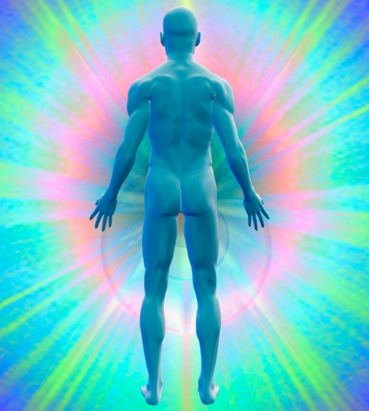 Digitally generated image of human representation on colored background