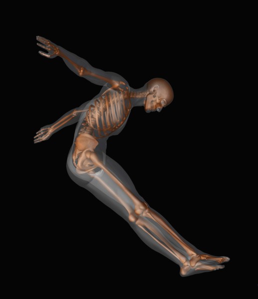 Human skeleton jumping mid-air