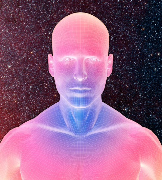 Digitally generated male figure against starry background