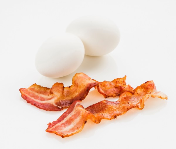 Fried bacon and eggs.