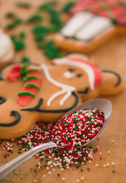 Teddy bear gingerbread and spoon on sprinkles