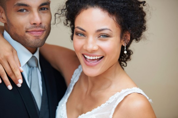 Bride and groom embracing