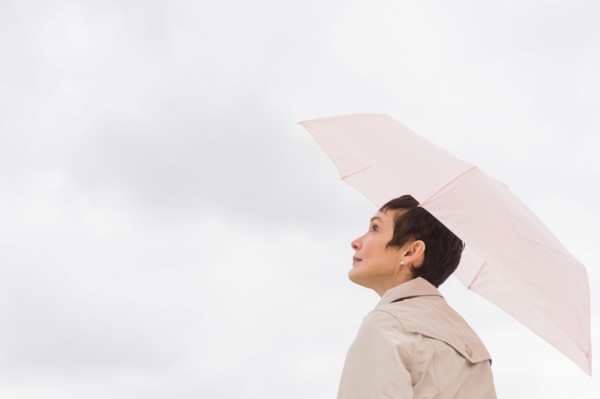 Woman wearing raincoat and holding umbrella.