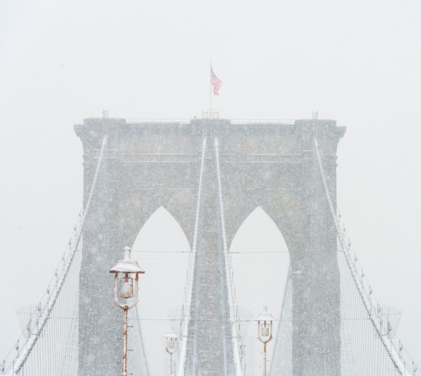 Brooklyn Bridge in winter. USA, New York State, New York.