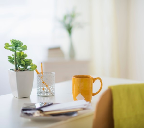 View of mug, flower pot, mobile phone and paper on table