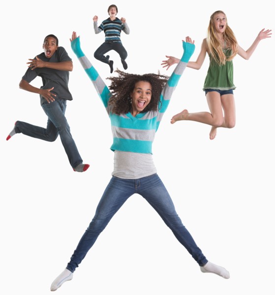 Studio shot of four friends (12-13,14-15) jumping on white background