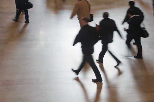 High angle view of people walking at Grand Central Station. USA, New York State, New York City