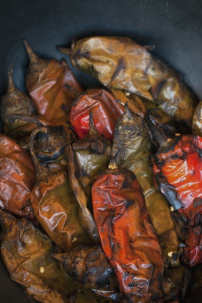 Studio shot of roasted chili peppers.
Photo : Karen Schuld