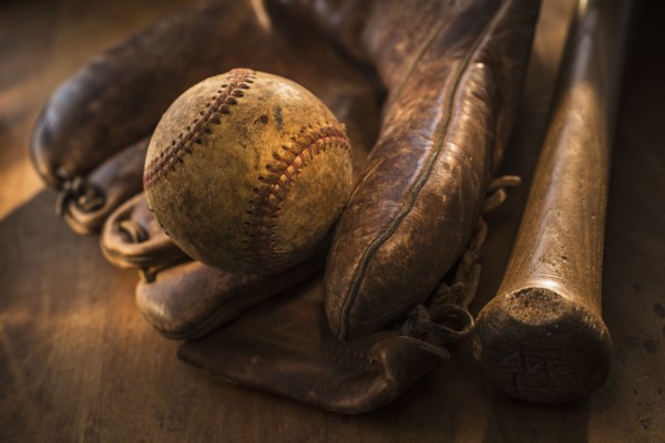Antique baseball, glove and bat.