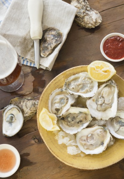Elevated view of plate with oysters.
Photo : Jamie Grill