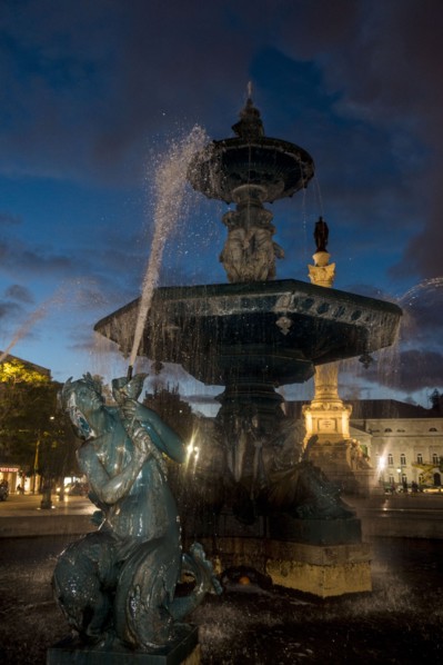 Fountain in Plaza de Pedro IV. Lisbon, Portugal.