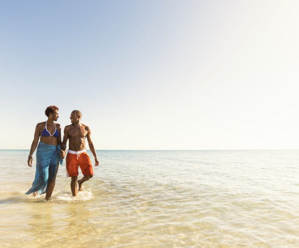 Mature couple walking in sea