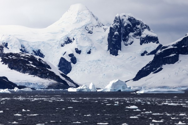 Snowcapped rock and ice floes