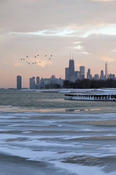 Downtown seen from north side at sunset