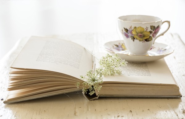 Studio shot of teacup and book with flower.
