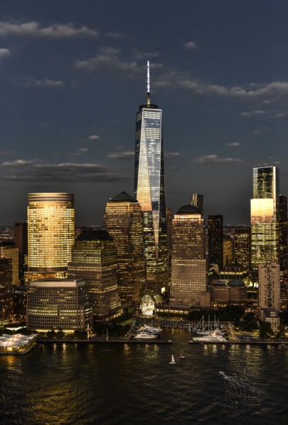 Aerial view of city with Freedom tower at night. New York City, New York.