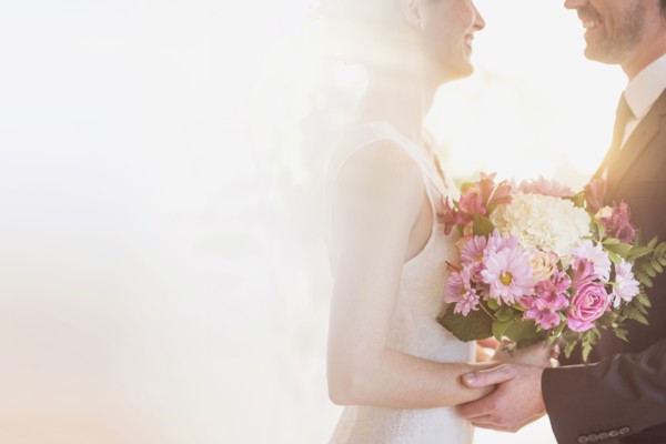 Bride and groom celebrating their wedding.