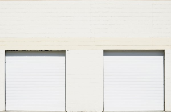 Close-up shot of closed roller doors of warehouse