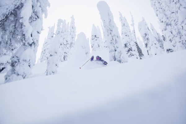 Young man skiing in forest