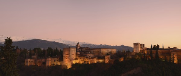 Cityscape with illuminated castle at dusk, pink sky
