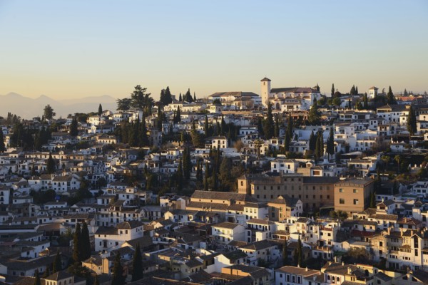 High angle view of old town on hill