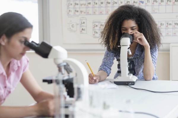 Teenage girls (14-15, 16-17) using microscope in science class.