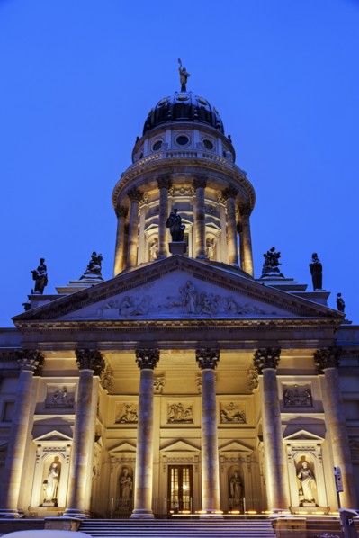 Illuminated French Cathedral against clear sky