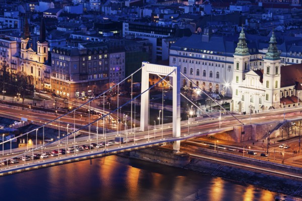 Riverfront cityscape with Elisabeth Bridge and Franciscan Church