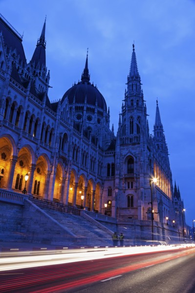 Illuminated Hungarian Parliament and light trails