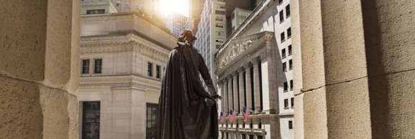 View of George Washington statue. USA, New York, New York City.