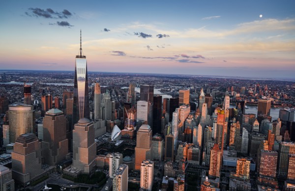 Aerial view of downtown district. USA, New York, New York City.